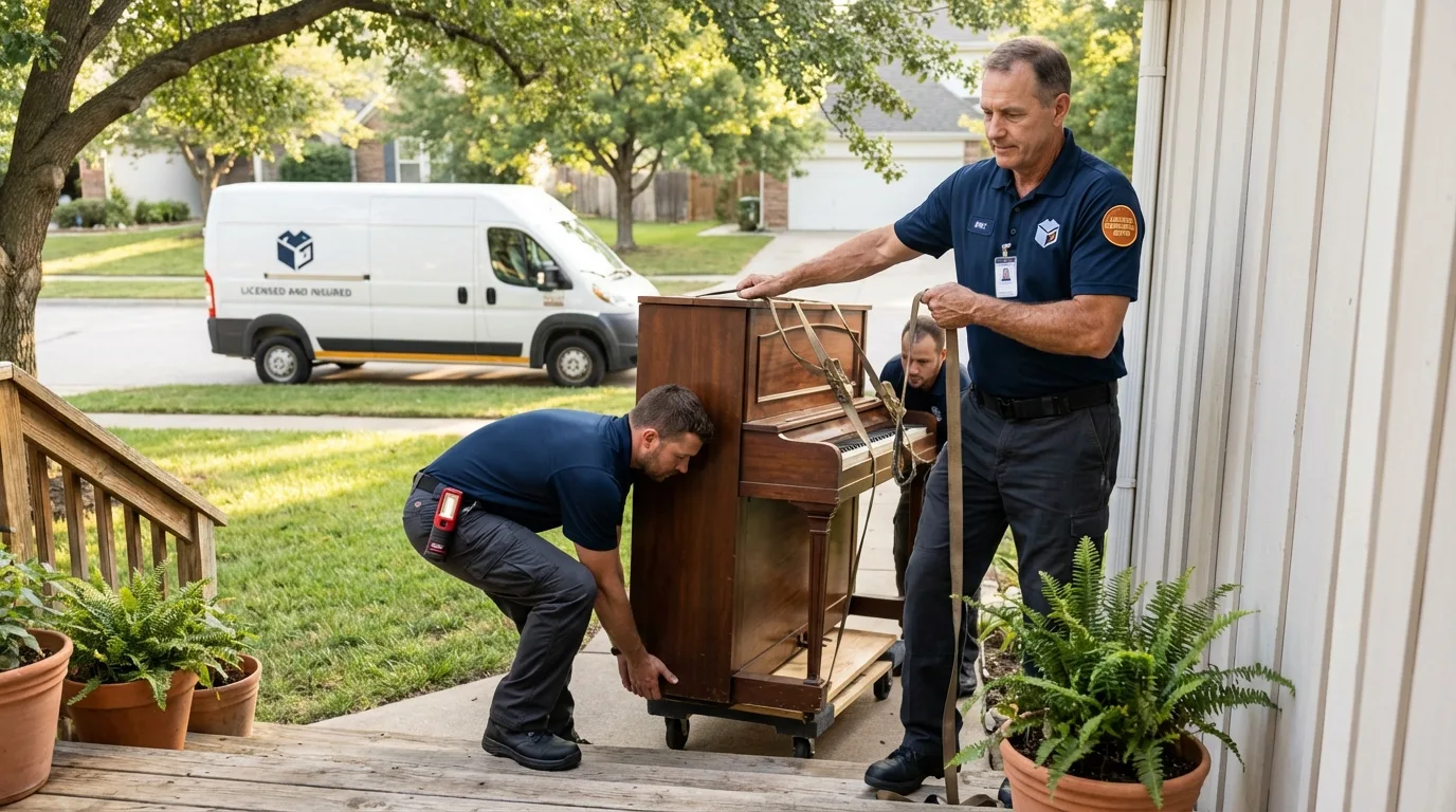 Licensed piano movers securing grand piano in Chanute, KS