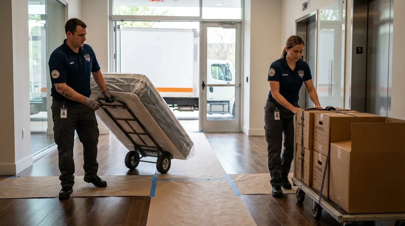 Professional apartment movers loading elevator in Chanute, KS
